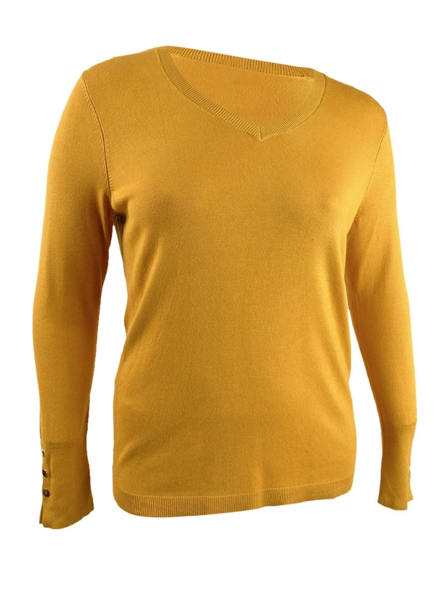 JM Collection Suéter feminino com punho de botão e decote em V, dourado, tamanho XXL