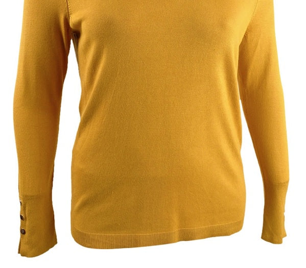 JM Collection Suéter feminino com punho de botão e decote em V, dourado, tamanho XXL