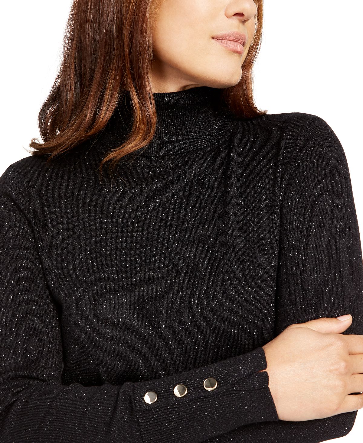 Suéter feminino JM Collection com gola alta metálica e punho com tachas, preto, tamanho pequeno