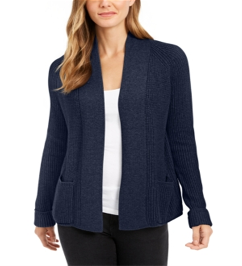 Cardigan feminino de algodão com frente aberta, azul, tamanho pequeno, Charter Club