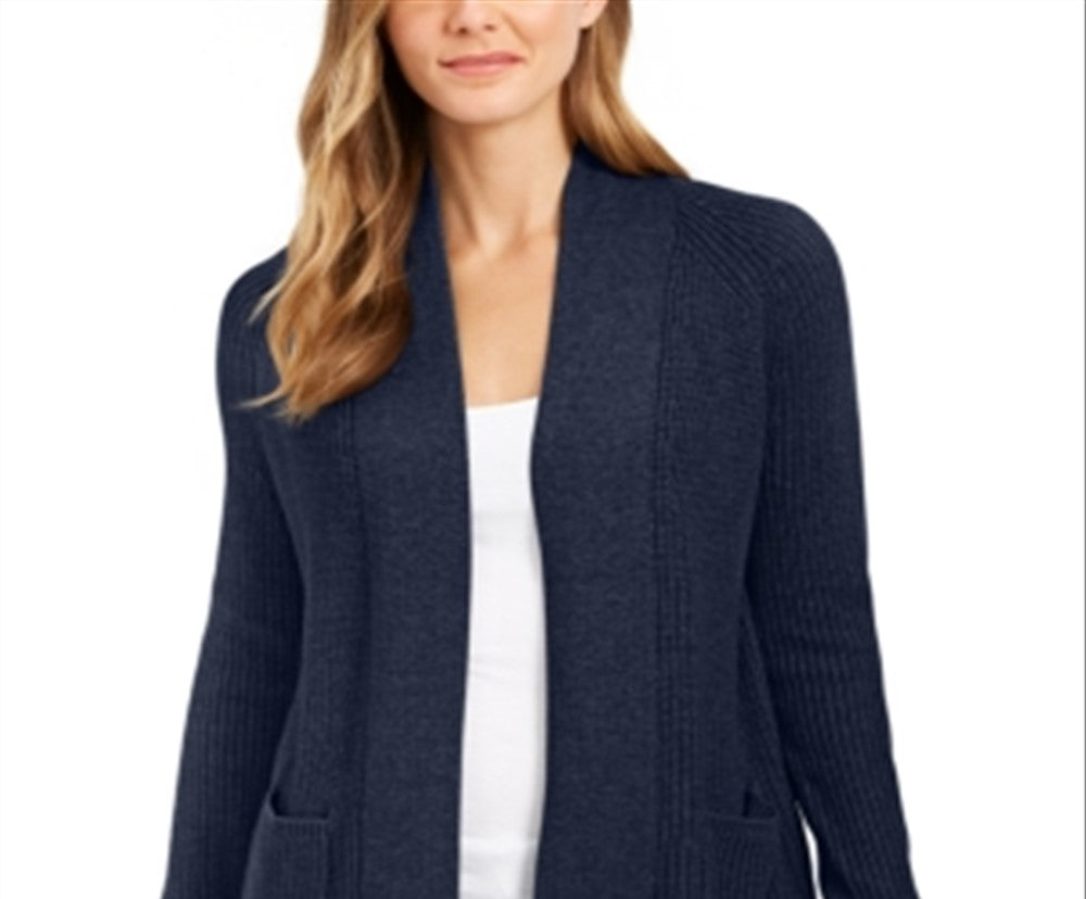 Cardigan feminino de algodão com frente aberta, azul, tamanho pequeno, Charter Club