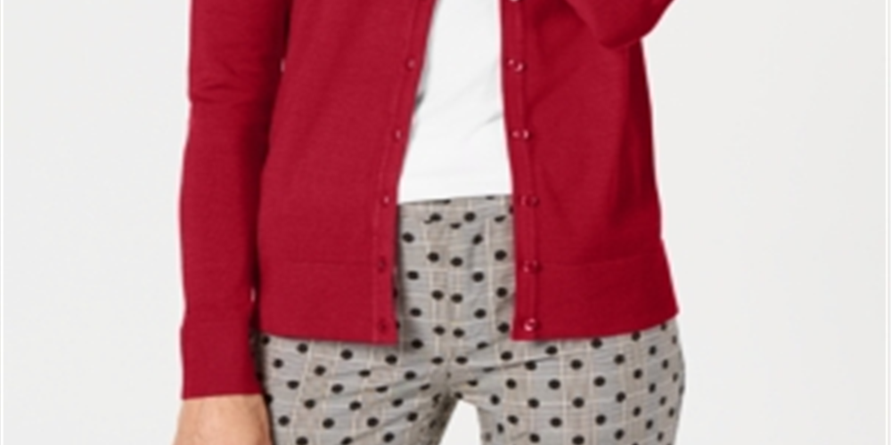 Cardigan feminino com gola redonda Charter Club, vermelho, tamanho pequeno