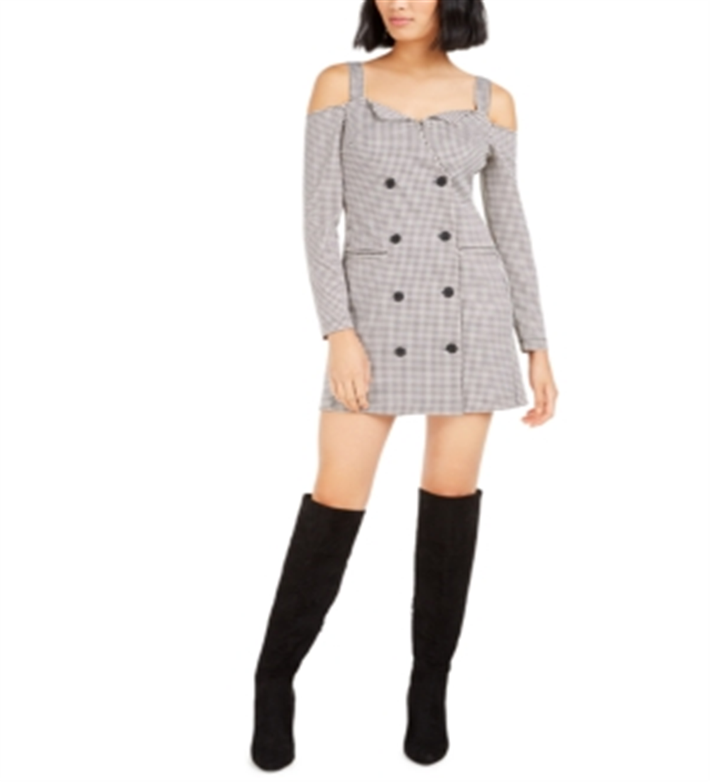 Vestido feminino Bar III com decote em V e ombros de fora, estilo pied-de-poule, preto, tamanho XX-S