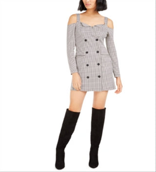 Vestido feminino Bar III com decote em V e ombros de fora, estilo pied-de-poule, preto, tamanho XX-S