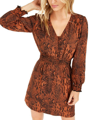 Vestido curto feminino Bar III com estampa de cobra e franzido, marrom, tamanho pequeno