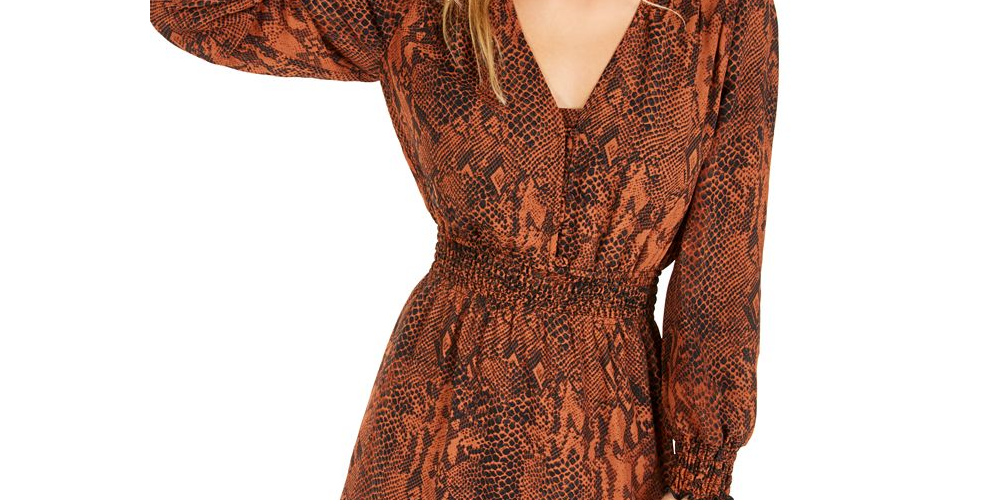 Vestido curto feminino Bar III com estampa de cobra e franzido, marrom, tamanho pequeno