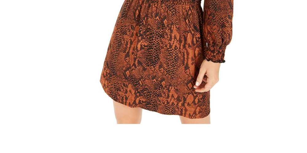 Vestido curto feminino Bar III com estampa de cobra e franzido, marrom, tamanho pequeno