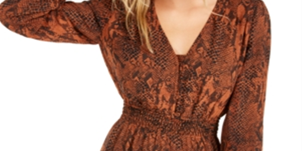 Vestido curto feminino Bar III com estampa de cobra e franzido, marrom, tamanho pequeno