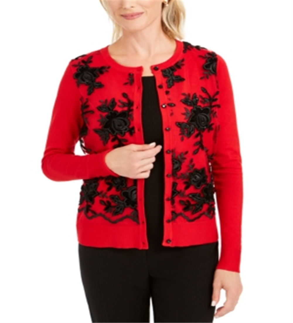 Cardigan feminino Charter Club com apliques florais e frente em malha, vermelho, tamanho pequeno G