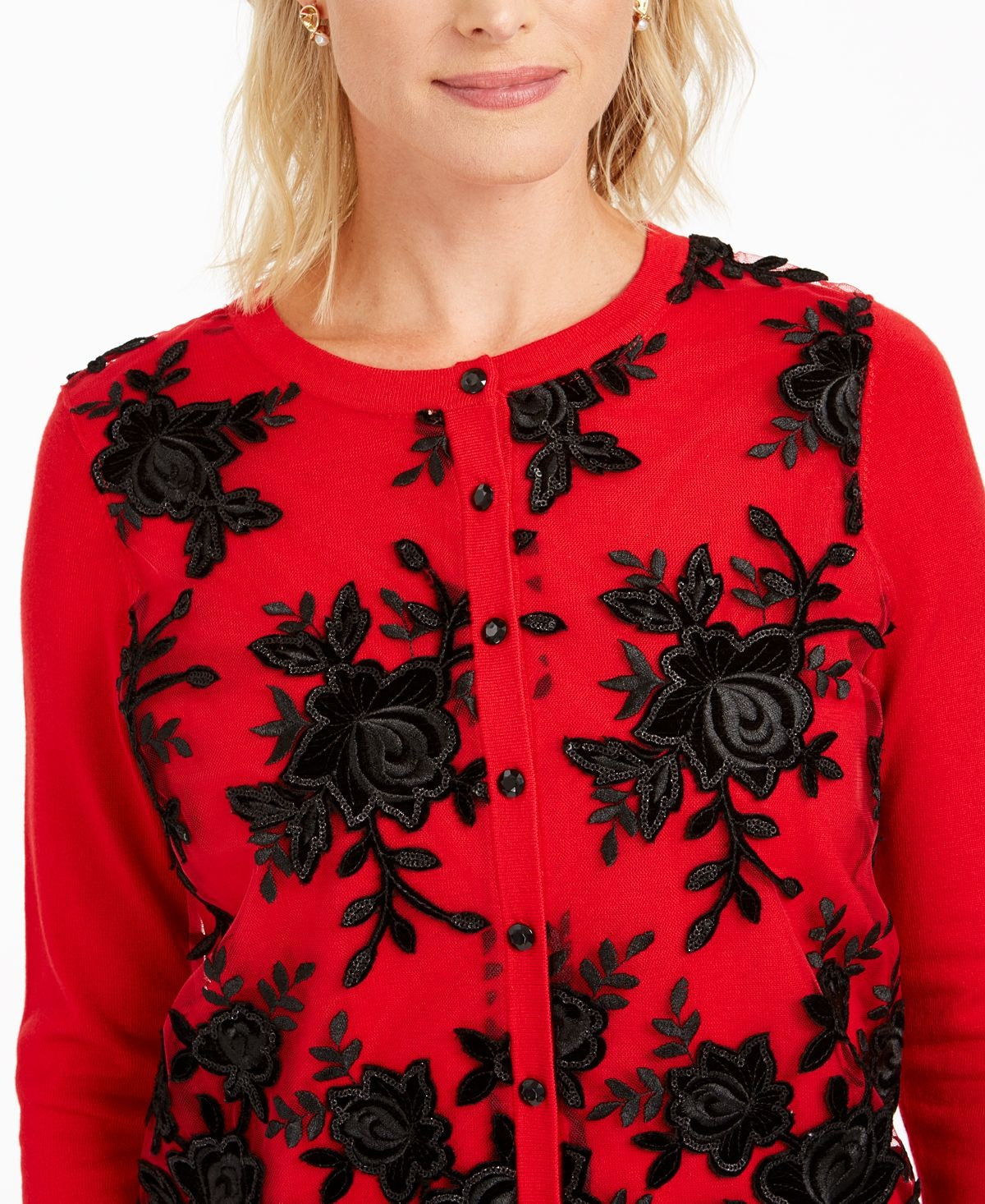 Cardigan feminino Charter Club com apliques florais e frente em malha, vermelho, tamanho pequeno G