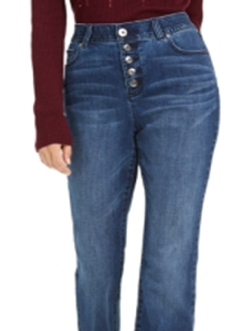Calça jeans feminina INC International Concepts, cintura alta, ajuste curvilíneo, com botões, azul, tamanho 2