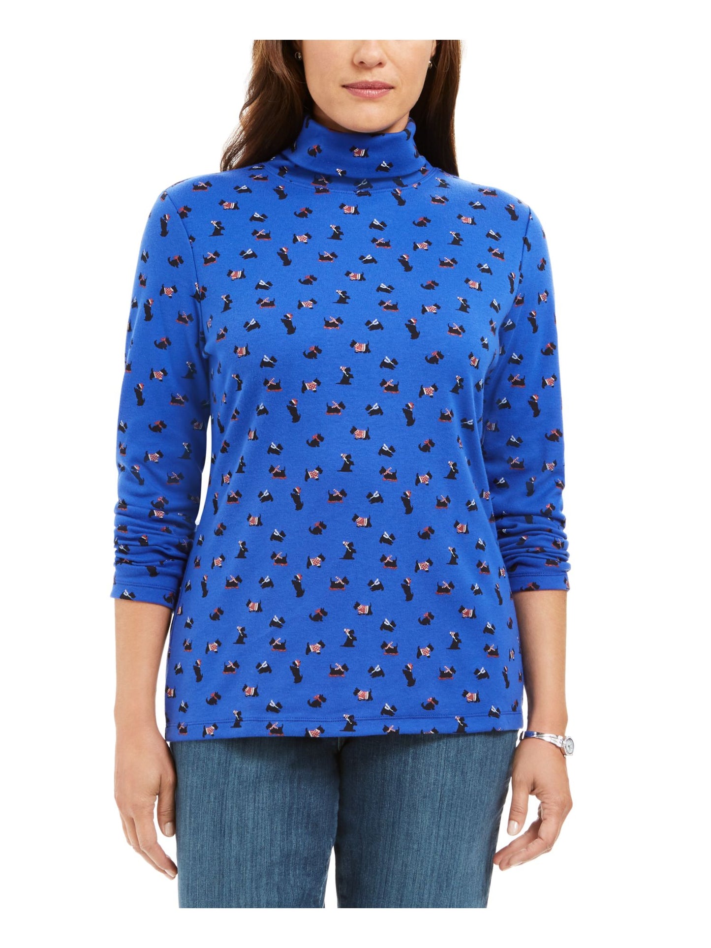 Karen Scott Blusa Feminina Manga Longa Gola Alta Estampada Azul Tamanho XX-G