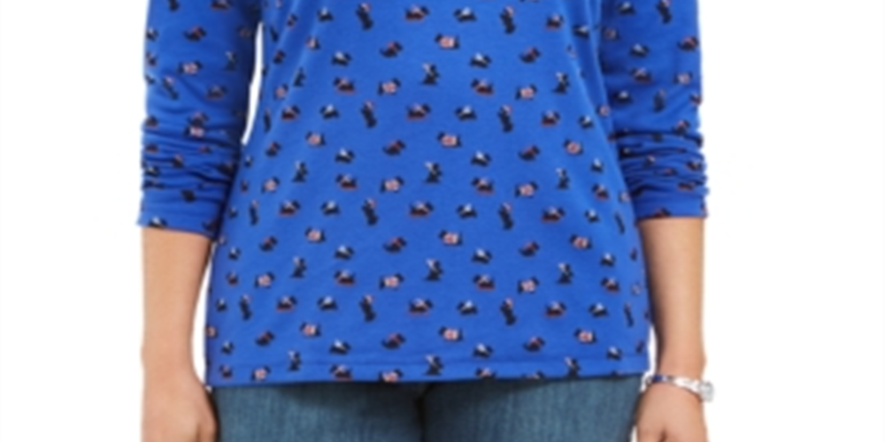 Karen Scott Blusa Feminina Manga Longa Gola Alta Estampada Azul Tamanho XX-G