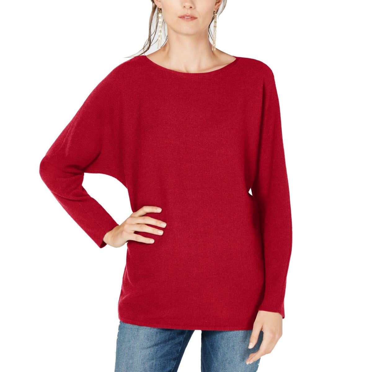 Suéter de malha canelada com manga dolman feminino INC International Concepts, vermelho, tamanho grande