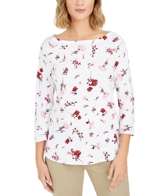 Camiseta feminina Charter Club branca estampada de algodão pima tamanho pequeno médio