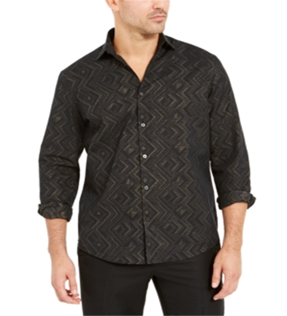 Camisa masculina Alfani com botões dourados e jacquard metálico chevron, preta, tamanho extragrande