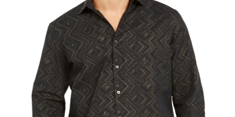 Camisa masculina Alfani com botões dourados e jacquard metálico chevron, preta, tamanho extragrande