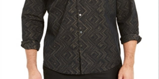 Camisa masculina Alfani com botões dourados e jacquard metálico chevron, preta, tamanho extragrande