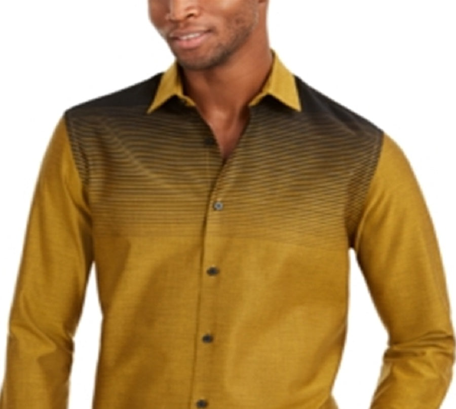 Camisa masculina Alfani com botões e gola estampada, amarela, tamanho médio