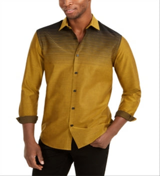 Camisa masculina Alfani com botões e gola estampada, amarela, tamanho médio
