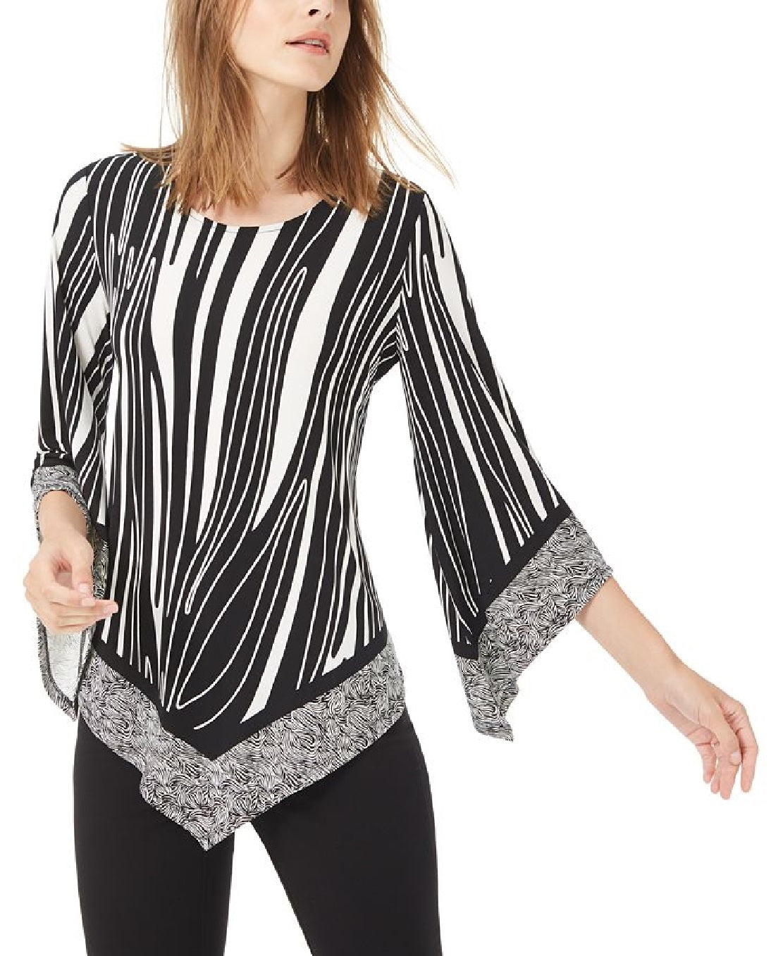 Blusa feminina Alfani com estampa e bainha pontuda, preta, tamanho pequeno