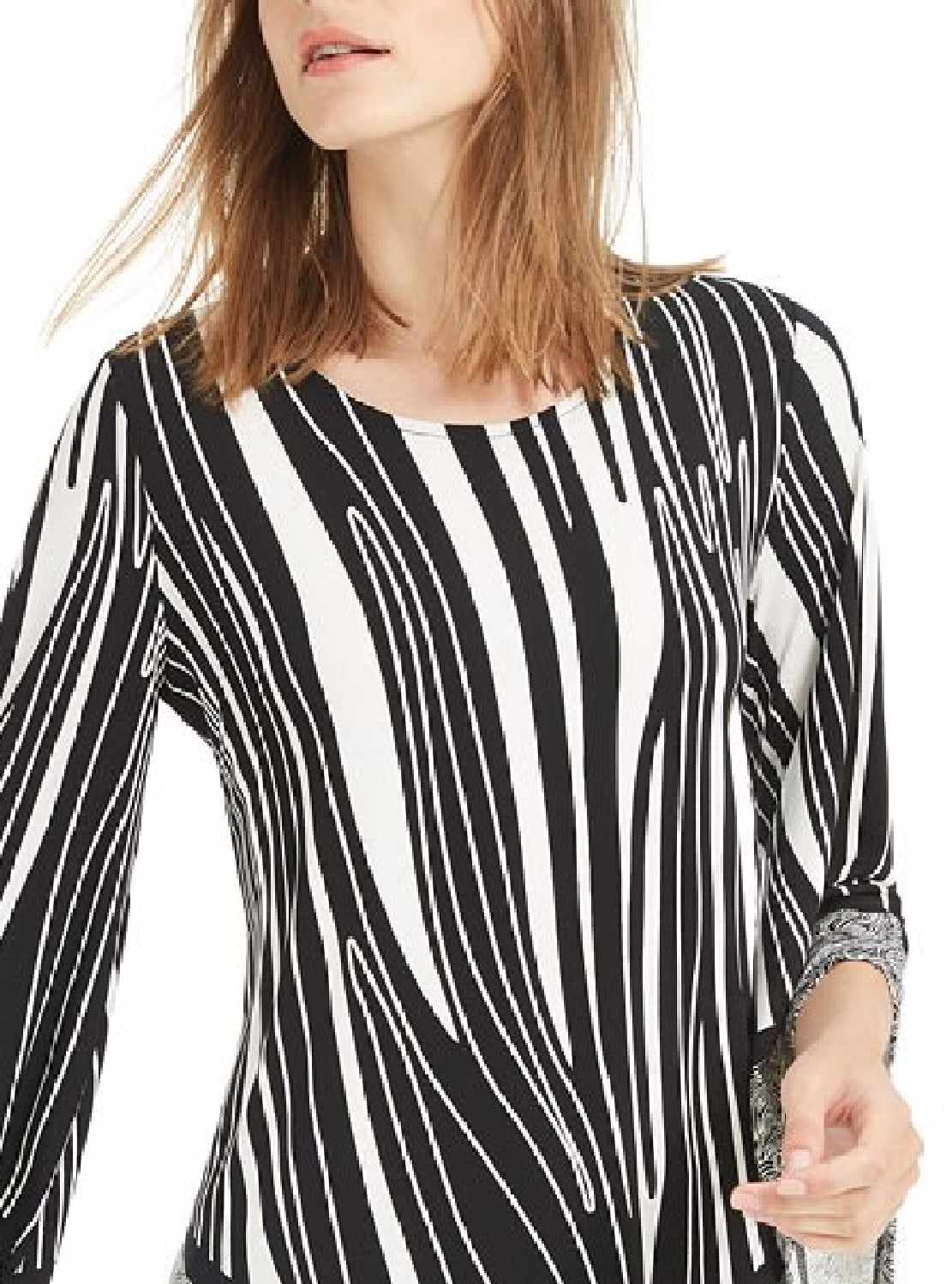 Blusa feminina Alfani com estampa e bainha pontuda, preta, tamanho pequeno