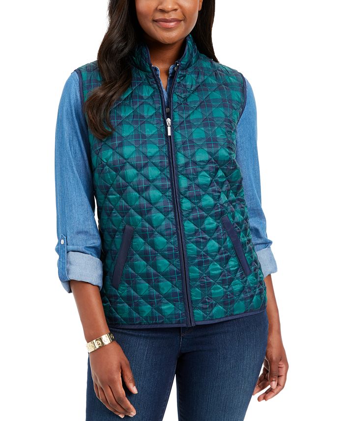 Colete acolchoado xadrez feminino Karen Scott, azul, tamanho pequeno