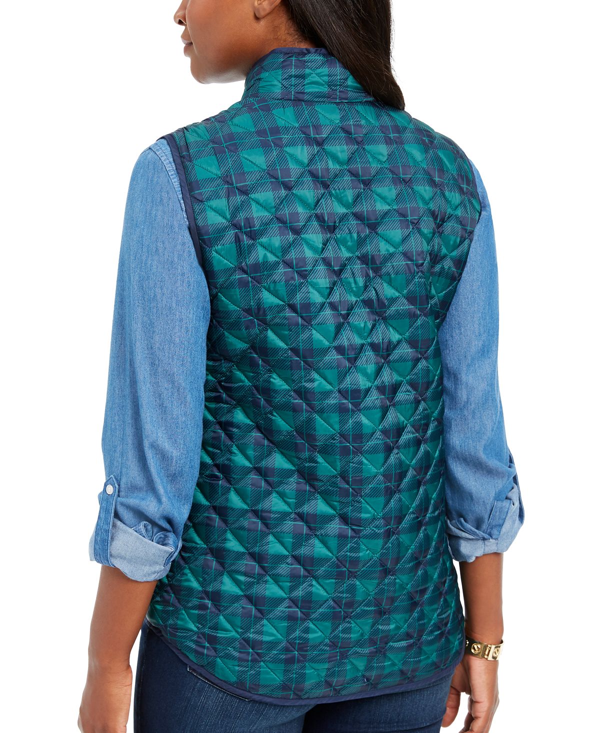 Colete acolchoado xadrez feminino Karen Scott, azul, tamanho pequeno