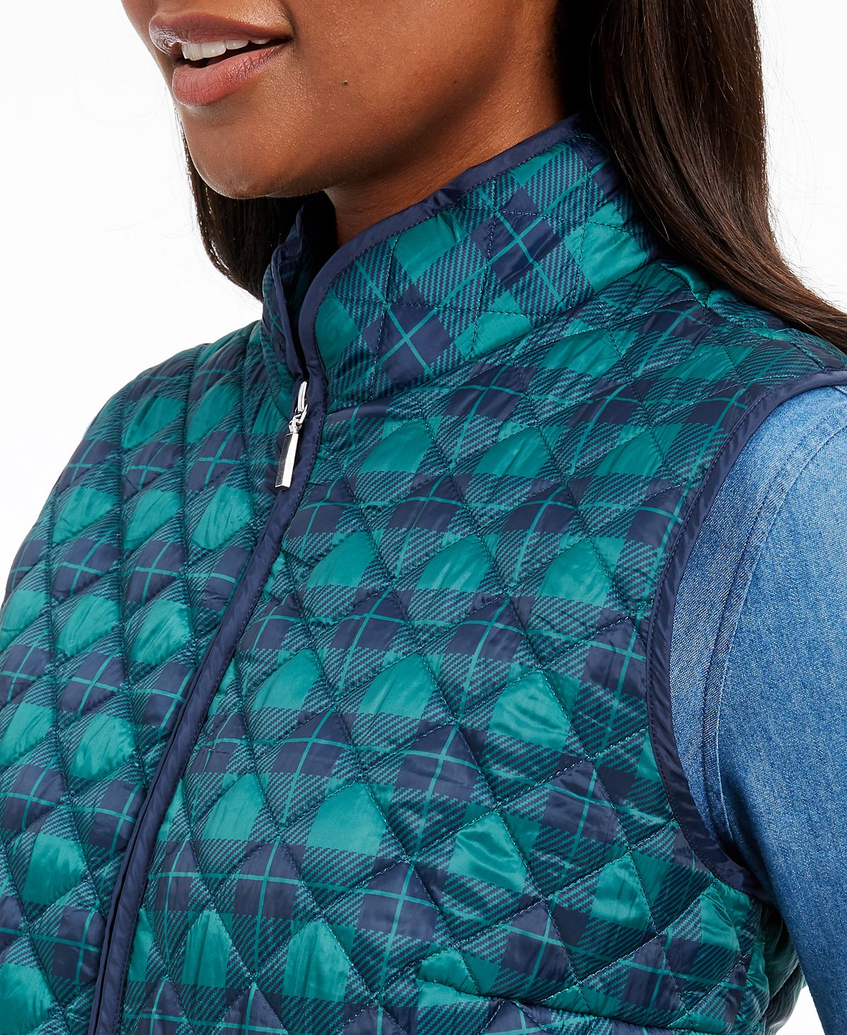 Colete acolchoado xadrez feminino Karen Scott, azul, tamanho pequeno