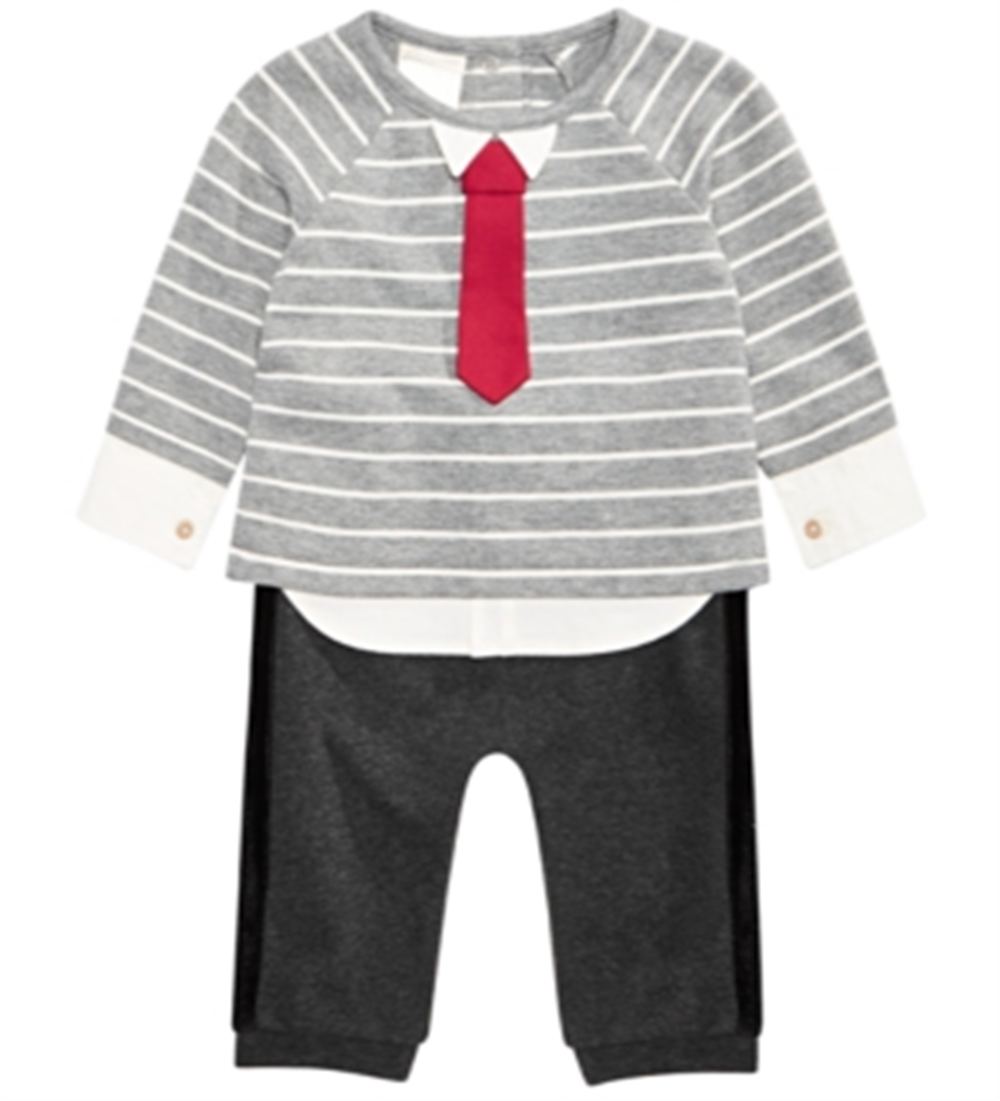 Conjunto de 2 peças de blusa listrada com gravata e calça jogger First Impressions para bebê menino, cinza, tamanho 3-6 meses
