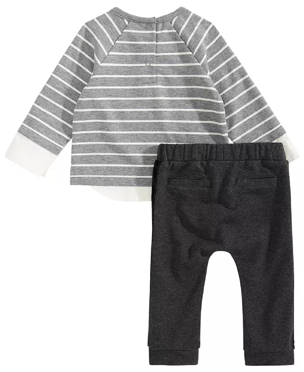 Conjunto de 2 peças de blusa listrada com gravata e calça jogger First Impressions para bebê menino, cinza, tamanho 3-6 meses