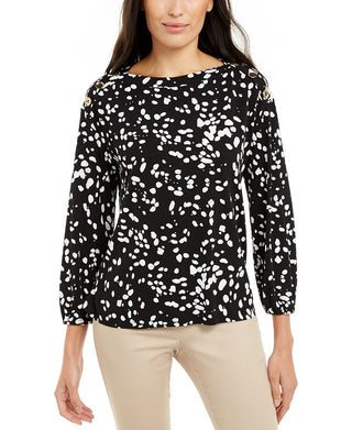 Blusa feminina Alfani estampada com botões e ombro de fora, preta, tamanho XX-G