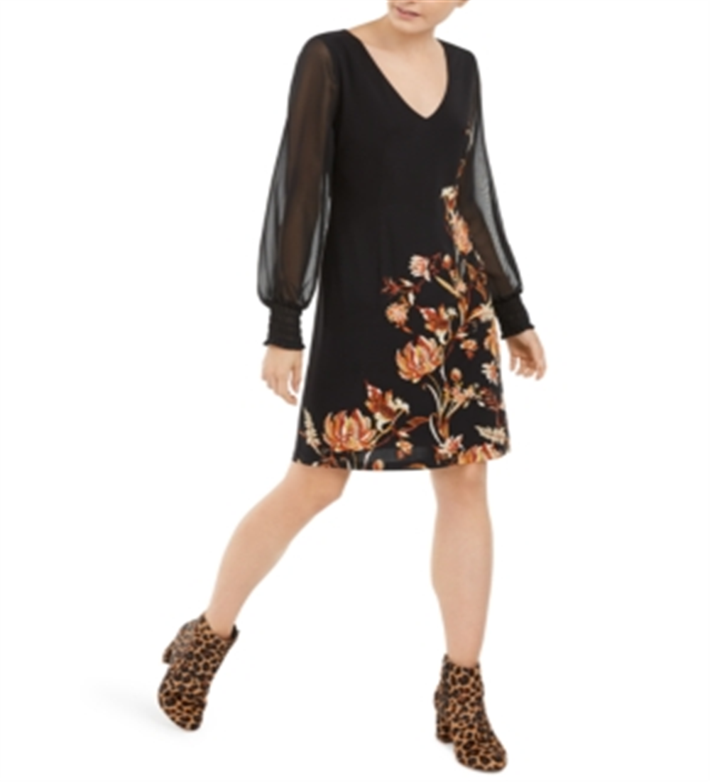 Vestido feminino com estampa floral e mangas longas da INC International Concepts, preto, tamanho médio