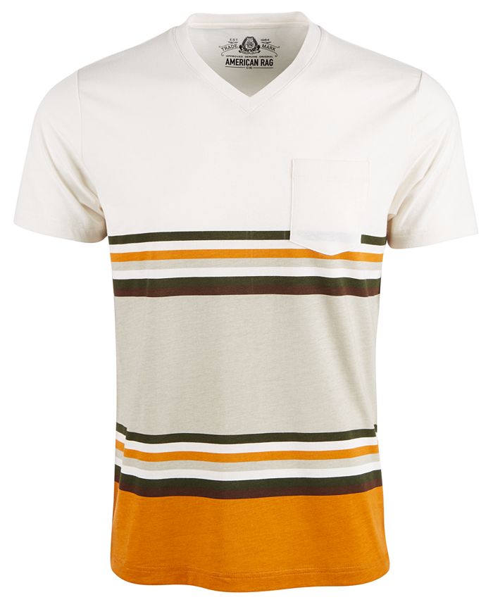 Camiseta masculina American Rag Explorer Stripe com decote em V, bege, tamanho pequeno