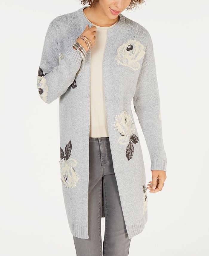 Cardigan feminino com estampa floral e frente aberta, tamanho pequeno, cinza, estilo &amp; co