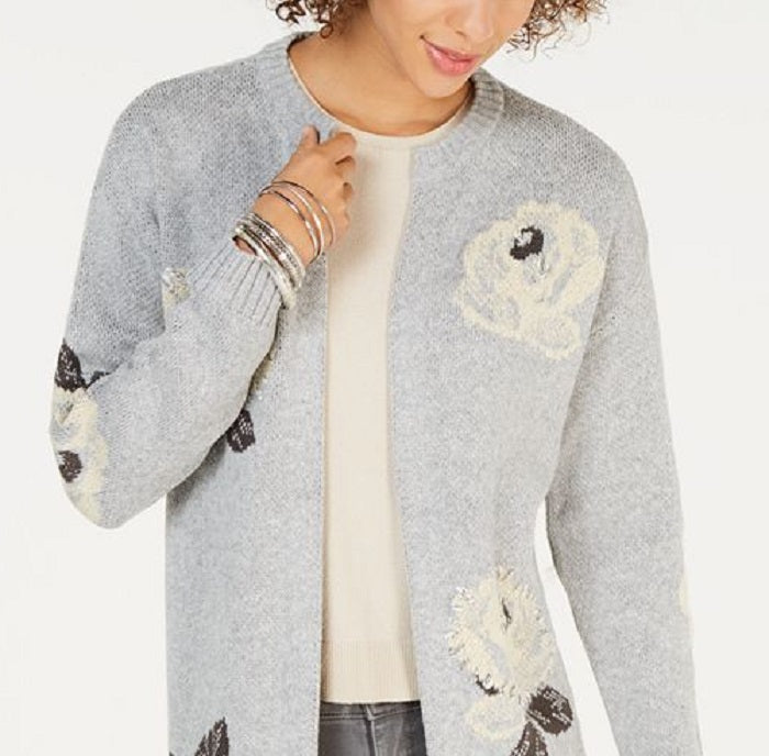 Cardigan feminino com estampa floral e frente aberta, tamanho pequeno, cinza, estilo &amp; co