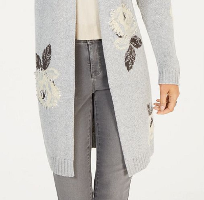 Cardigan feminino com estampa floral e frente aberta, tamanho pequeno, cinza, estilo &amp; co