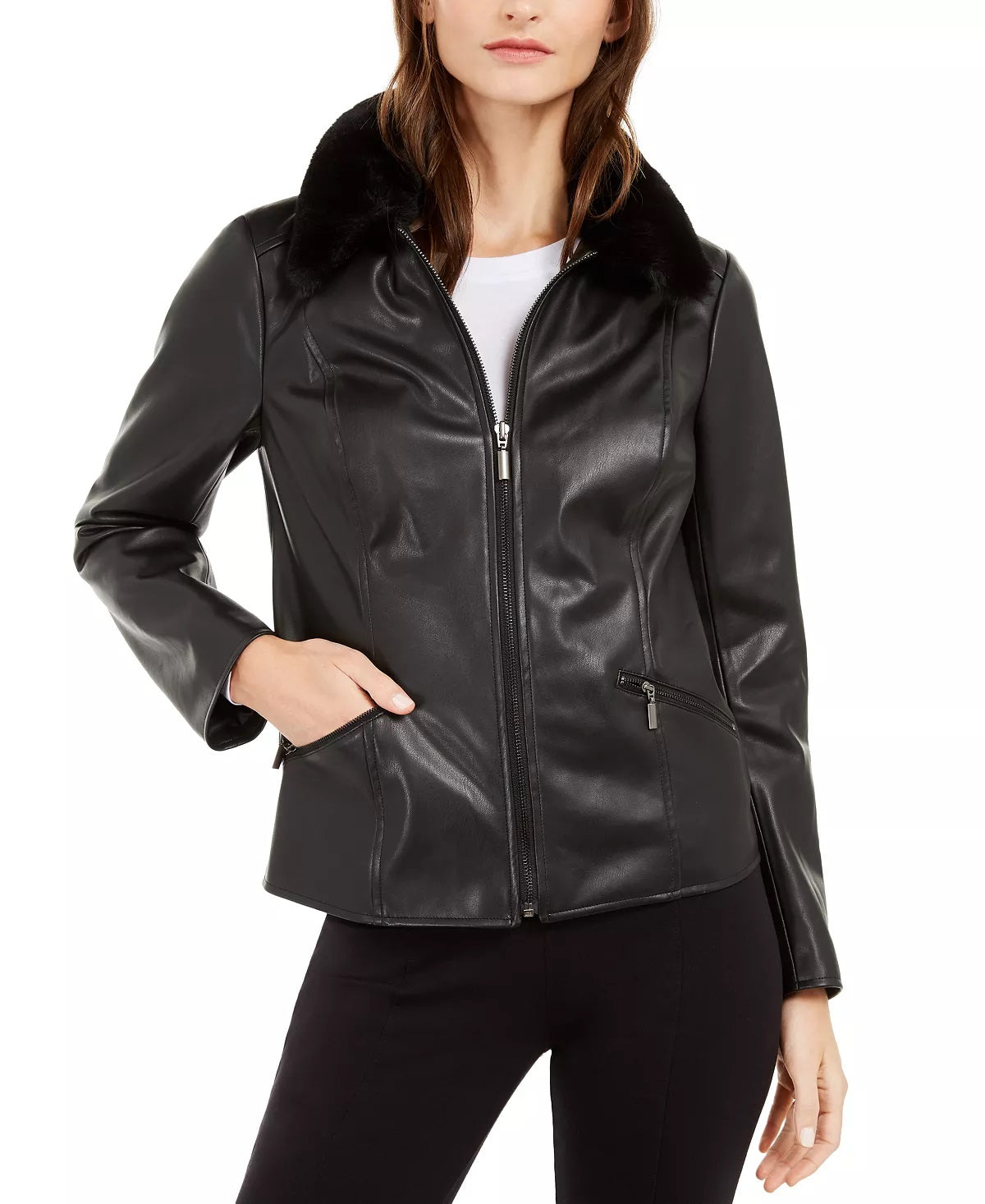 Jaqueta feminina Alfani de couro sintético com gola de pele sintética, preta, tamanho extragrande