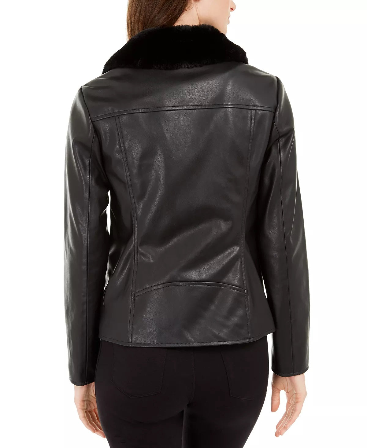 Jaqueta feminina Alfani de couro sintético com gola de pele sintética, preta, tamanho extragrande
