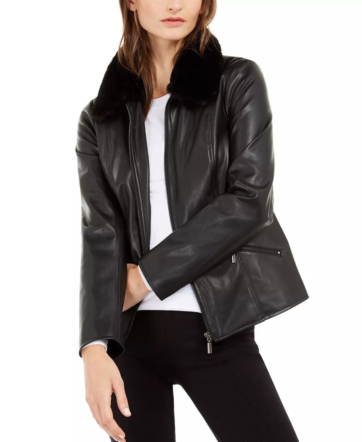 Jaqueta feminina Alfani de couro sintético com gola de pele sintética, preta, tamanho extragrande