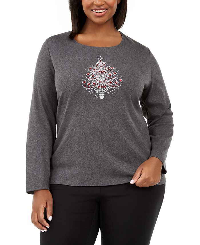 Camiseta feminina Karen Scott de algodão com enfeite de árvore, preta, tamanho 1X