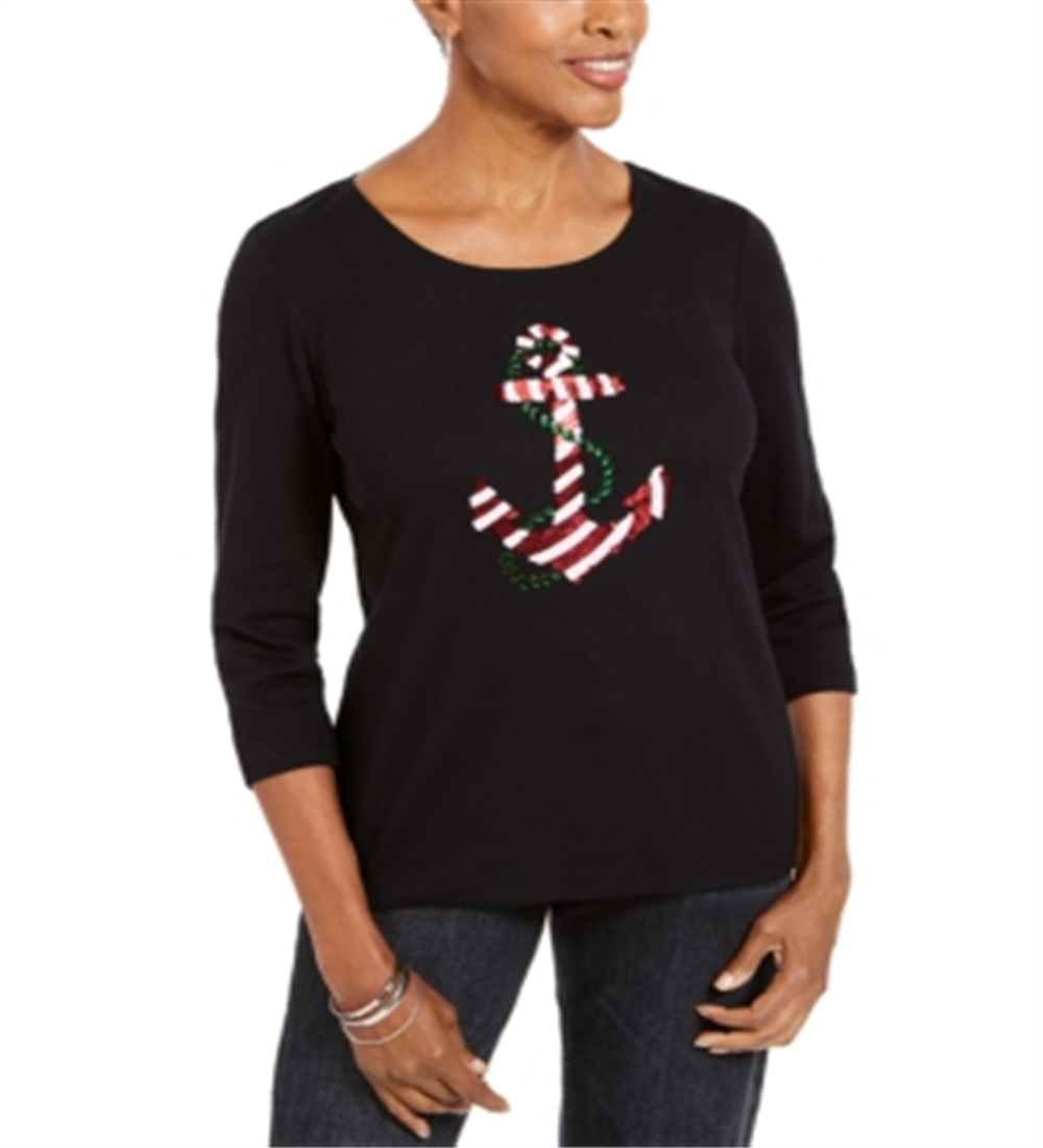 Camisa feminina Karen Scott com lantejoulas para o feriado, preta, tamanho pequeno G
