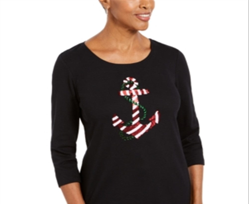 Camisa feminina Karen Scott com lantejoulas para o feriado, preta, tamanho pequeno G