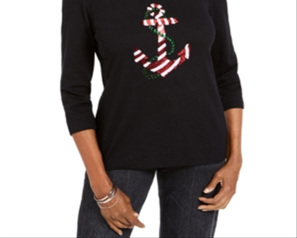 Camisa feminina Karen Scott com lantejoulas para o feriado, preta, tamanho pequeno G