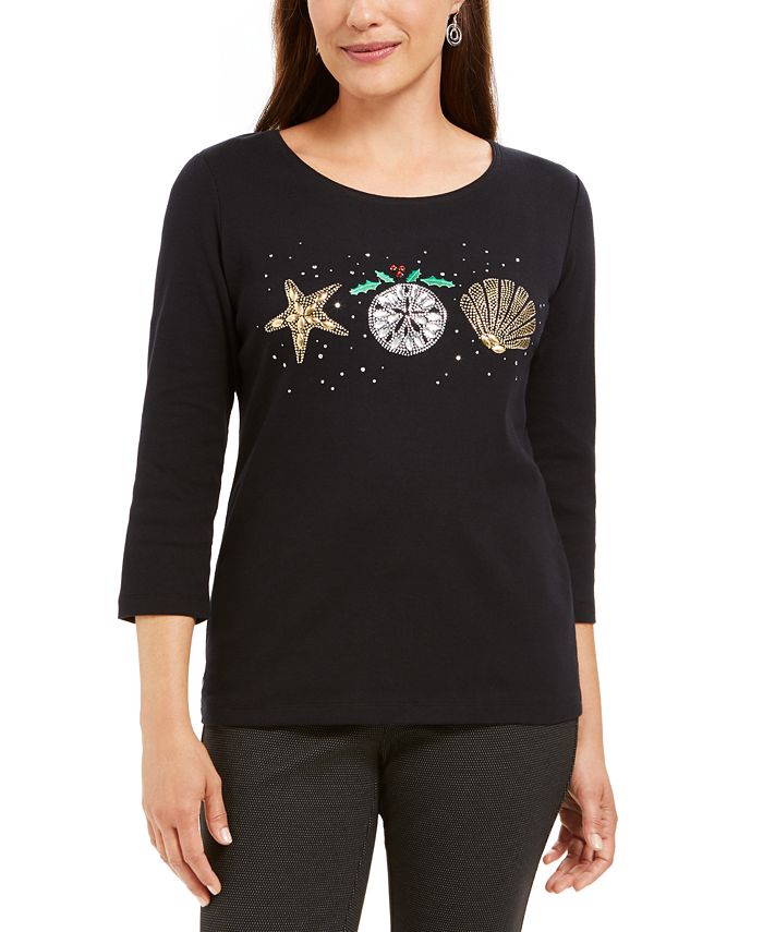 Karen Scott Blusa Feminina Estampada de Algodão com Conchas para Festas, Preta, Tamanho P