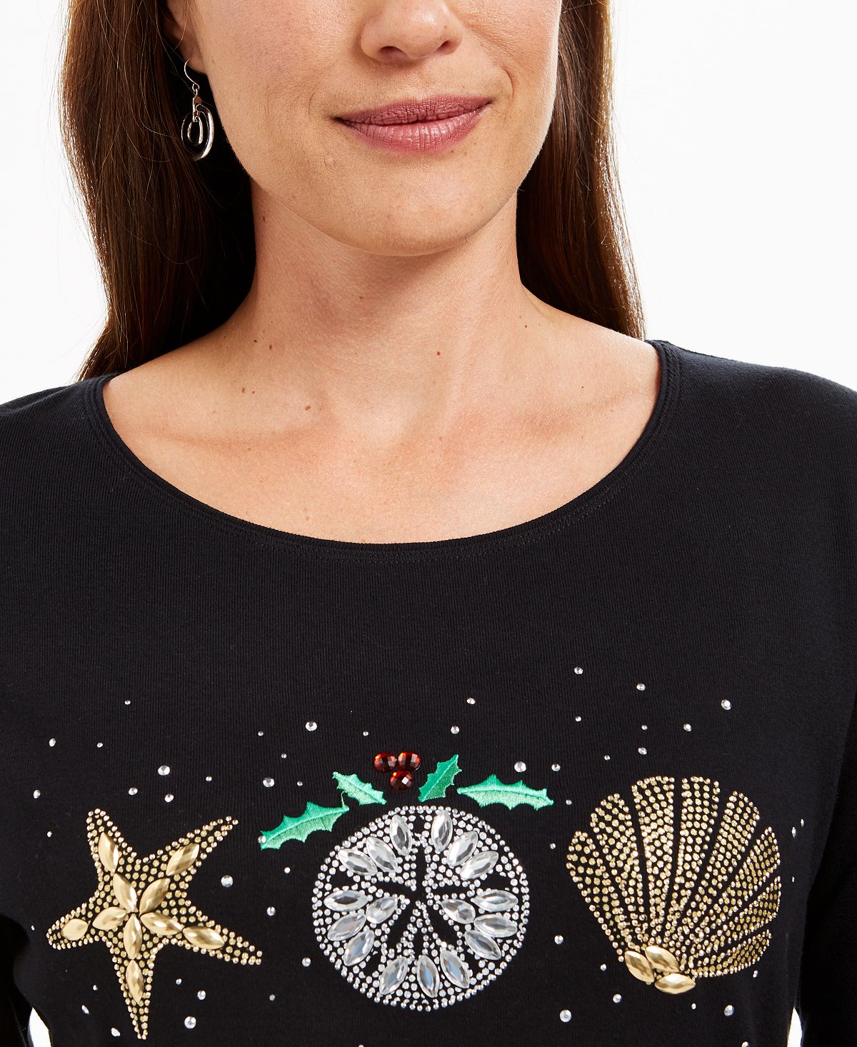 Karen Scott Blusa Feminina Estampada de Algodão com Conchas para Festas, Preta, Tamanho P