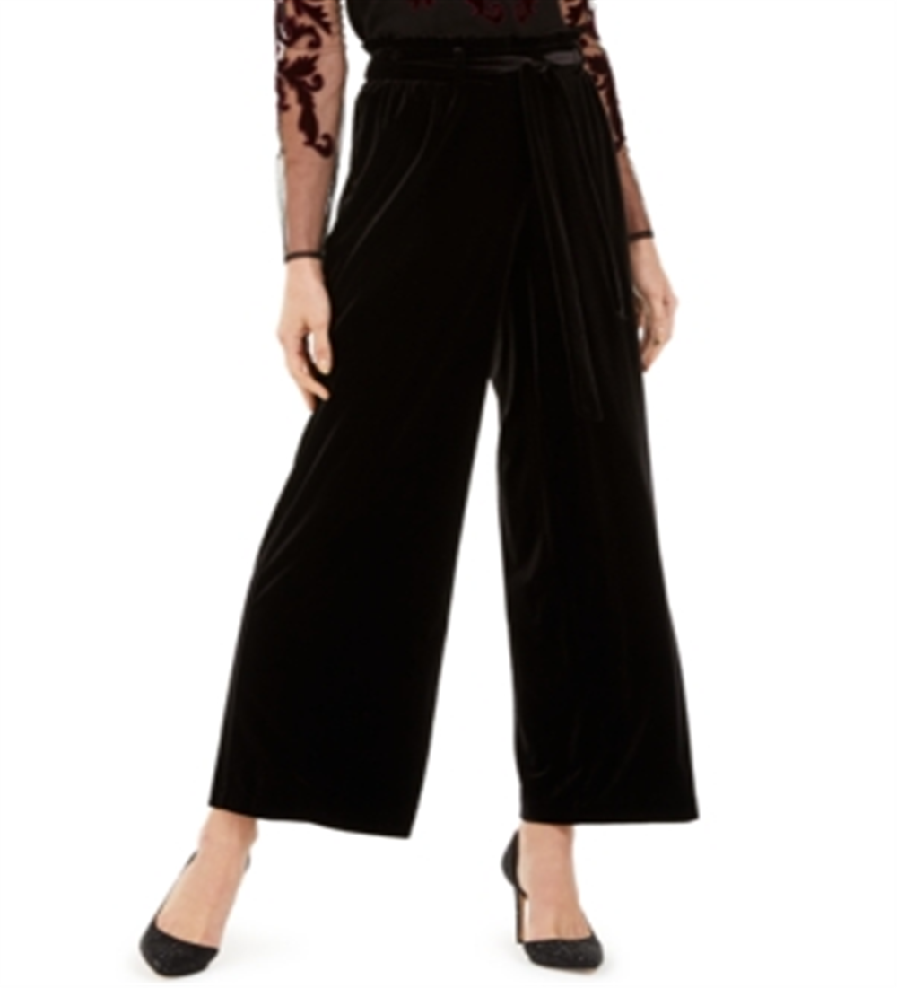 Calça feminina de veludo com perna larga Paperbag da INC International Concepts, preta, tamanho X-S