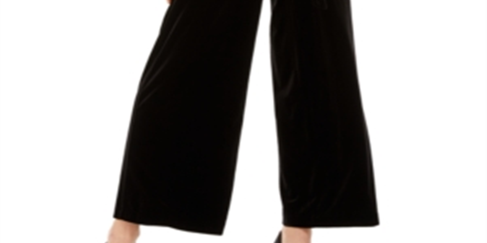 Calça feminina de veludo com perna larga Paperbag da INC International Concepts, preta, tamanho X-S