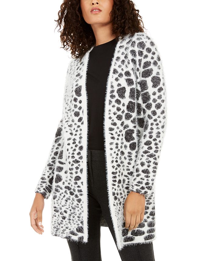 Cardigan feminino Alfani com estampa animal e textura de cílios, preto, tamanho X-S