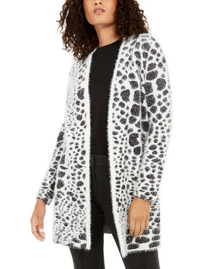 Cardigan feminino Alfani com estampa animal e textura de cílios, preto, tamanho X-S